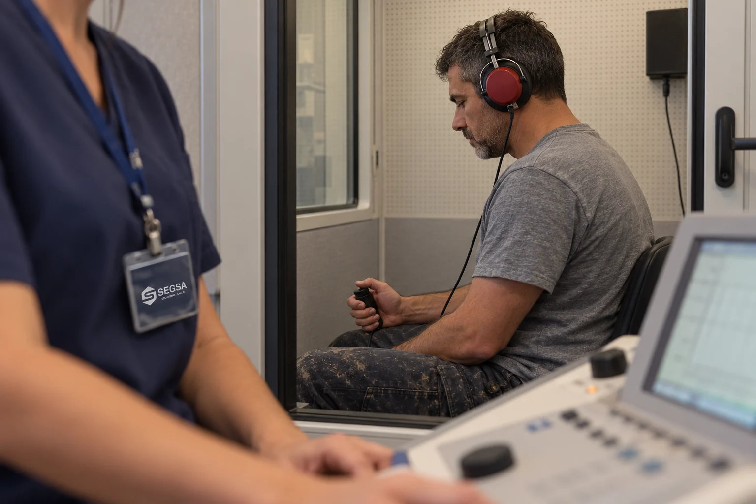 Audiometría en cabina insonorizada durante un reconocimiento médico de empresa