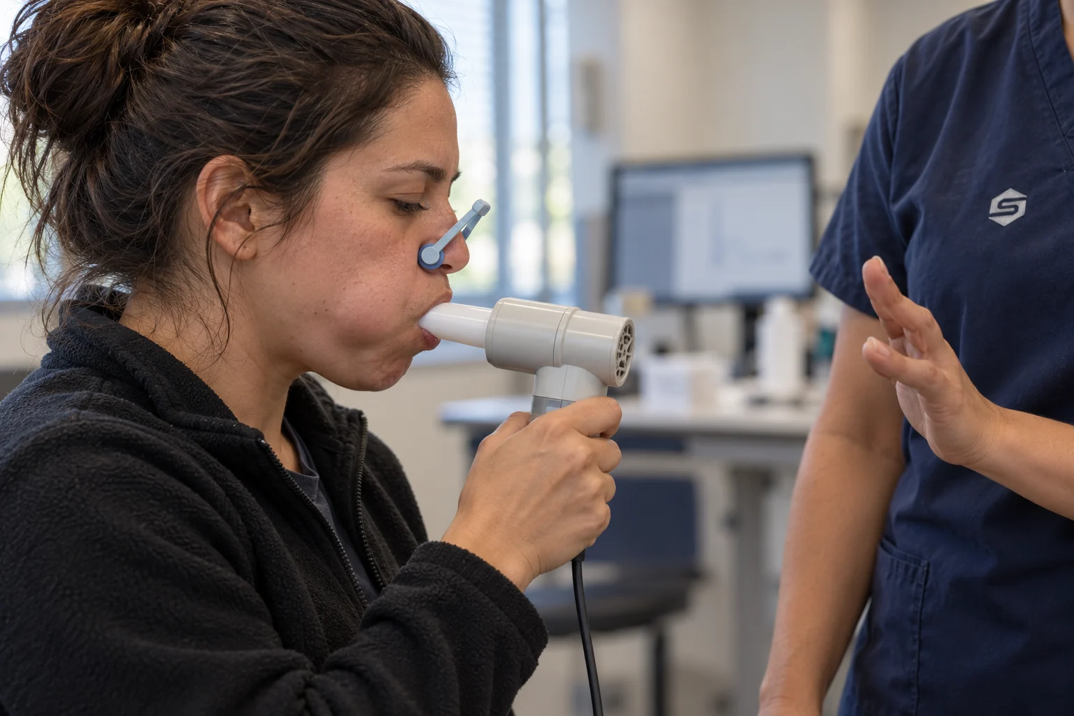 Trabajadora haciendo una espirometría con boquilla y pinza nasal mientras la enfermera la anima