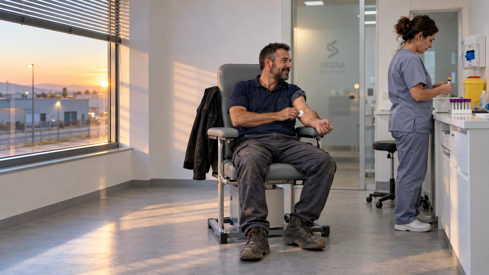 Trabajador recién hecha la analítica en una clínica de SEGSA a primera hora, con el amanecer en la ventana