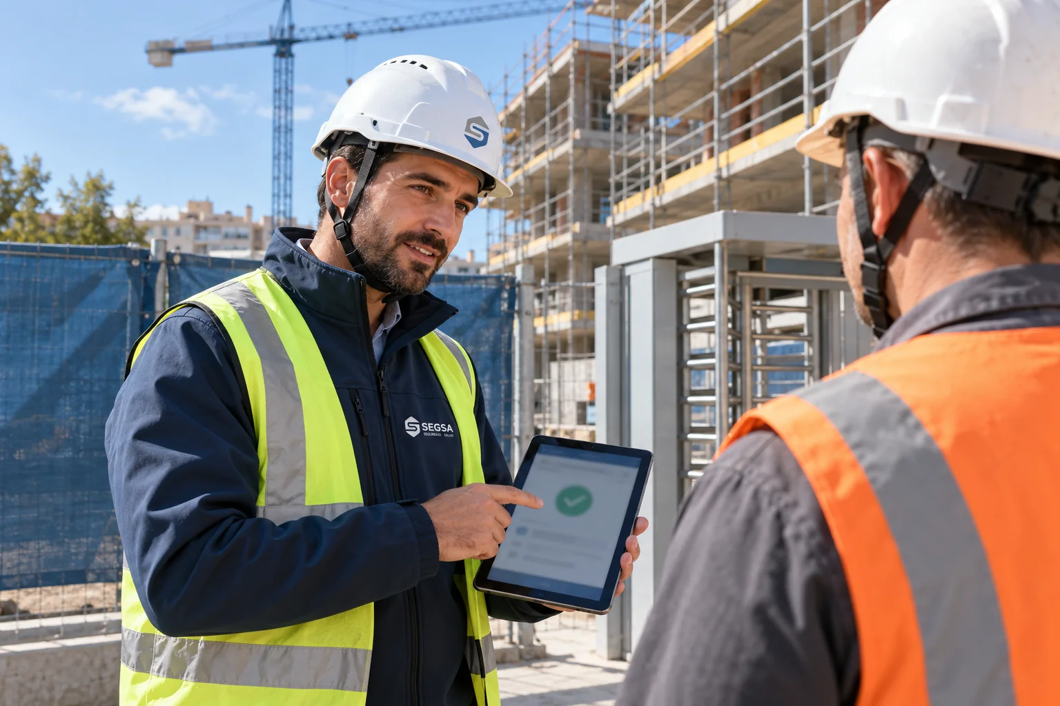 Gestión documental CAE en Valencia: técnico de SEGSA Prevención muestra en una tablet la documentación validada a un trabajador en el acceso a una obra