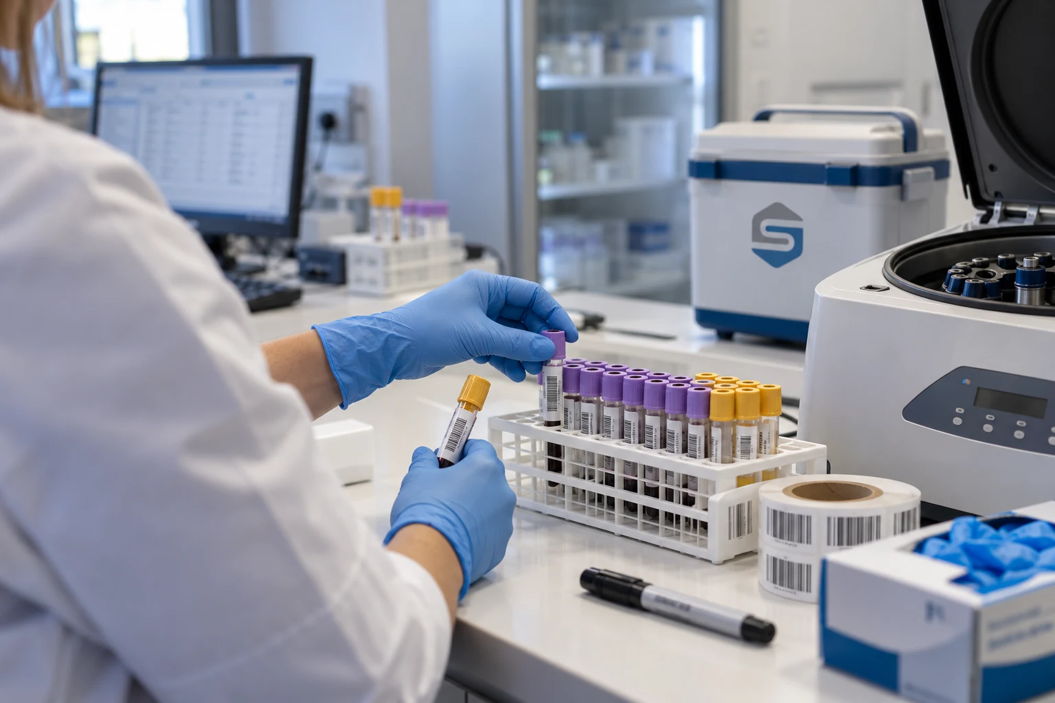 Técnica del laboratorio de SEGSA colocando los tubos de una analítica en la gradilla, junto a la centrífuga